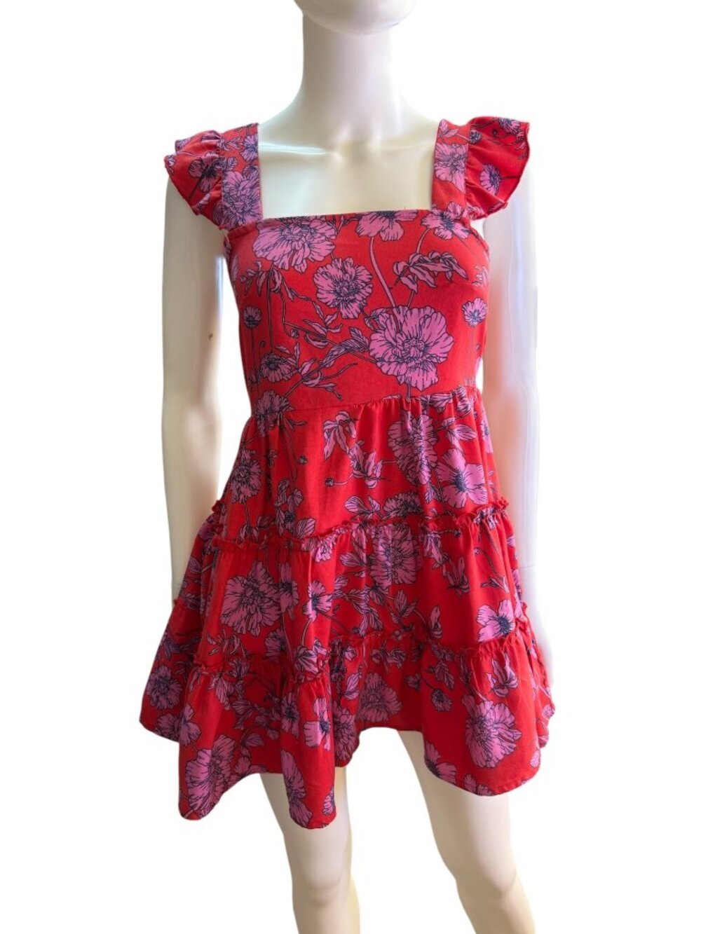 BOG Collective Womens Red & Pink Floral Tiered Mini Tie Back Closure Dress XS